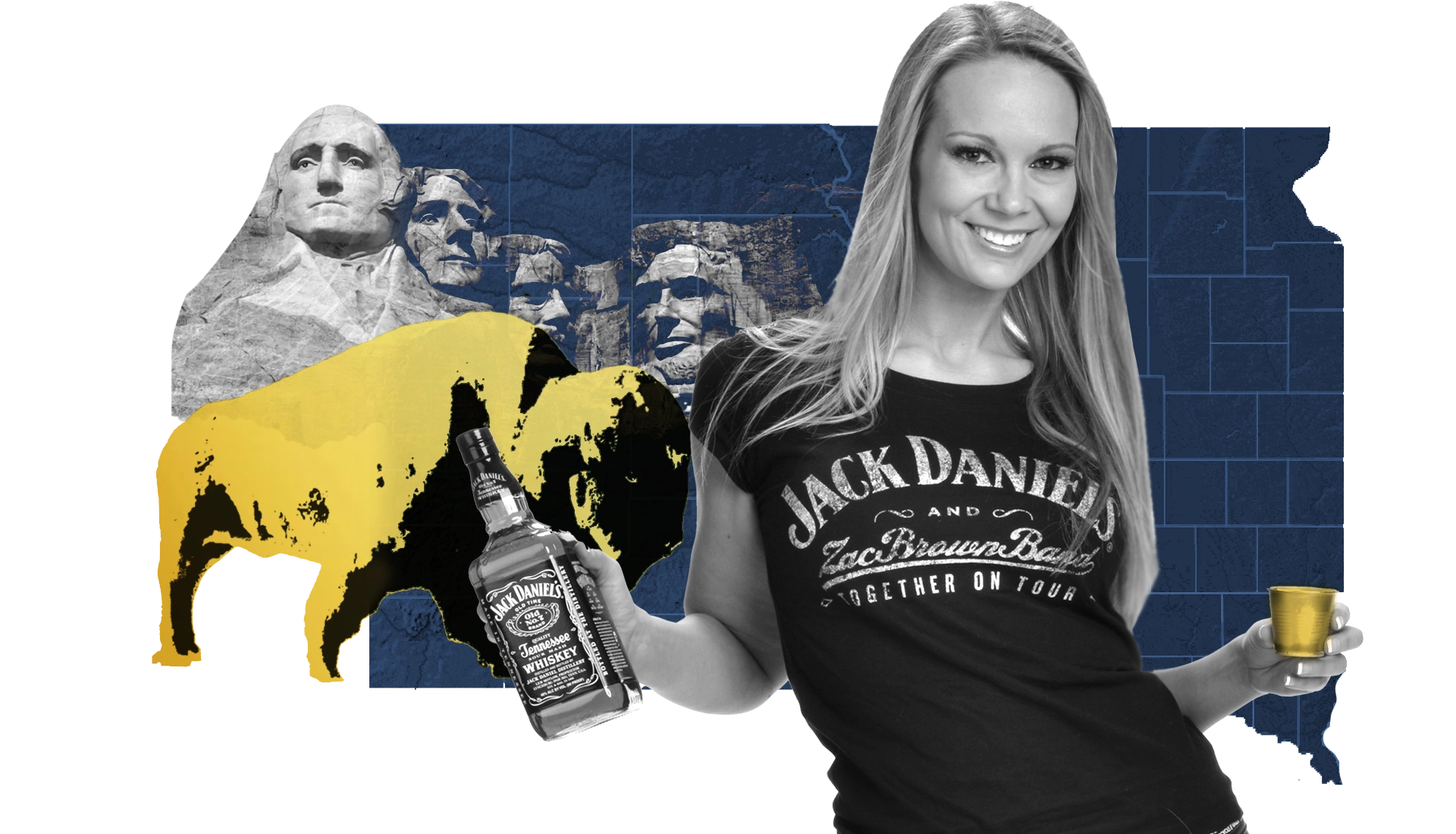 South Dakota Model show casing Mount Rushmore with Jack Daniels and a Buffalo